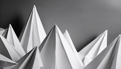 white origami like faceted paper forms create a panoramic low poly ridge with sharp triangles shadows and depth against a neutral gray background
