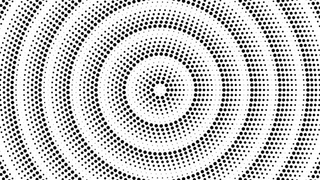 Halftone dot pattern with concentric circles radiating from center. Dynamic circular frame creates tech inspired abstract border with radial expansion effect.