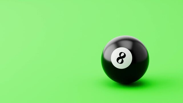 Pool 8 Black Ball Rolling Slowly from Left and from Right and Stopping on Clean Green Background with Copy Space
