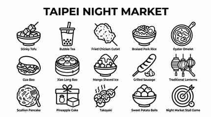 Naklejka premium Taipei Night Market Food Icons - Vector Set
