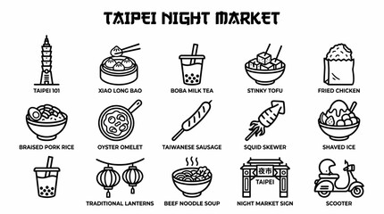 Obraz premium Taipei Night Market Food Icons: Taipei 101, Bao, Boba, Stinky Tofu