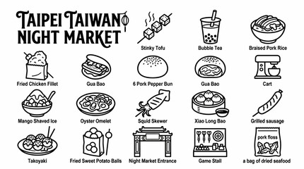 Obraz premium Taipei Taiwan Night Market Food Icons - Vector Illustration