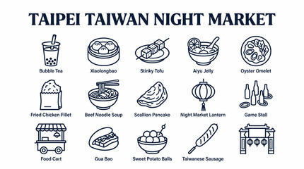 Naklejka premium Taipei Taiwan Night Market Food Illustration Icons