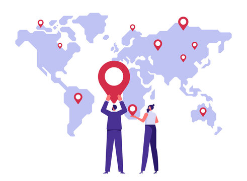 Grow business in a global or global expansion strategy concept, business team putting pin new branch on global world map