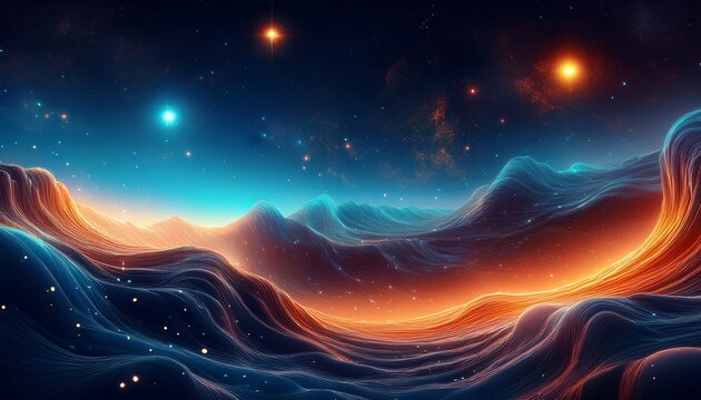 cosmic landscape with stars nebula and galaxy 3d sci fi render of a luminescent night sky with blue and orange waves