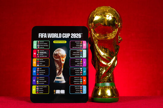 ZHONGSHAN China-May 7 2026: Fifa World Cup 2026 group stage and trophy on red background.