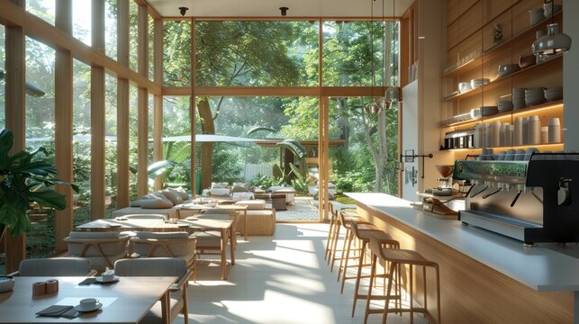Modern cafe with natural light and greenery