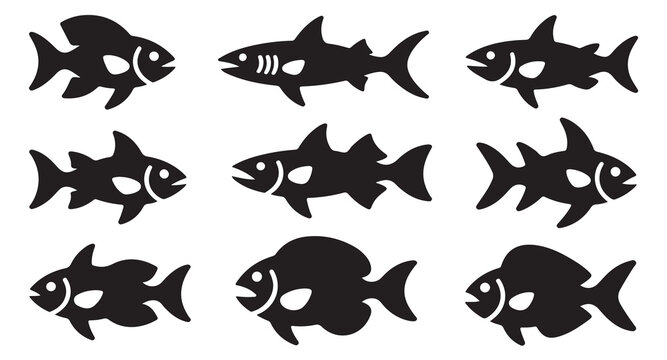 Set of black fish silhouettes isolated on white background. vector collection of sea animals.