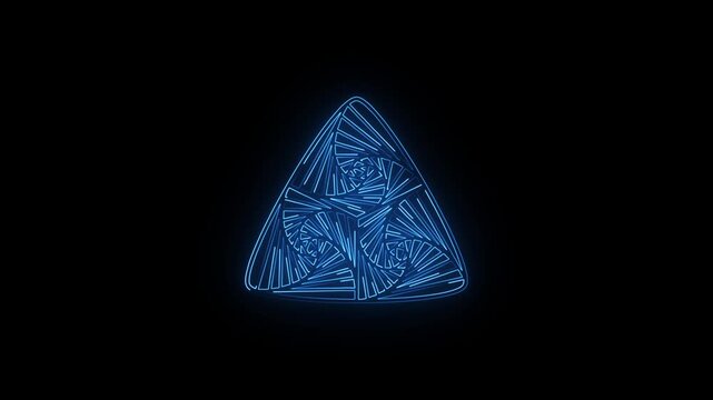 Neon blue geometric triangle spiral loop, glowing symmetrical triple vortex pattern animation for futuristic tech background. 4k video