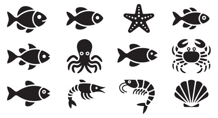 Marine life icons set including fish octopus crab and shrimp for nautical design projects. © Ms
