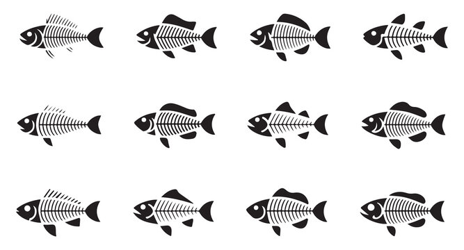 Detailed fish skeleton icons set in flat black design for marine science and aquatic art.