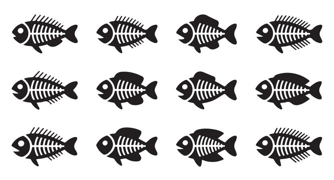 Black fish skeleton icons collection with various bone structures for aquatic design theme.