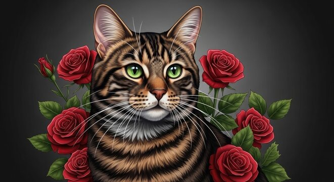 Tabby cat portrait with red roses digital illustration