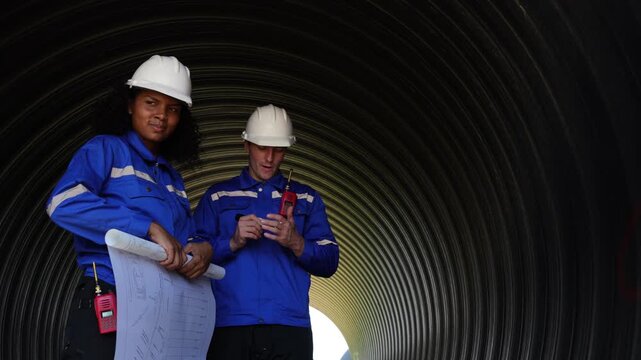 4k Male and female engineers are checking the integrity and safety of the pipeline.	