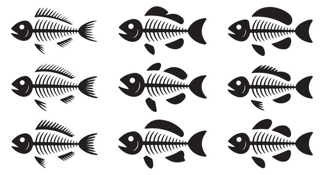 Detailed fish bone structure icons showing different dorsal fins and tail shapes for design.