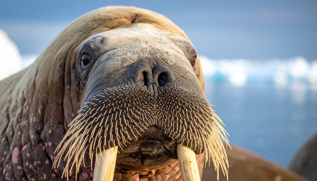 Close-up of walrus with tusks outdoors.