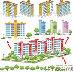 Naklejka premium Modular Singapore HDB blocks in clean geometric style, featuring colorful buildings, greenery, walkways, and trees for customizable layouts.