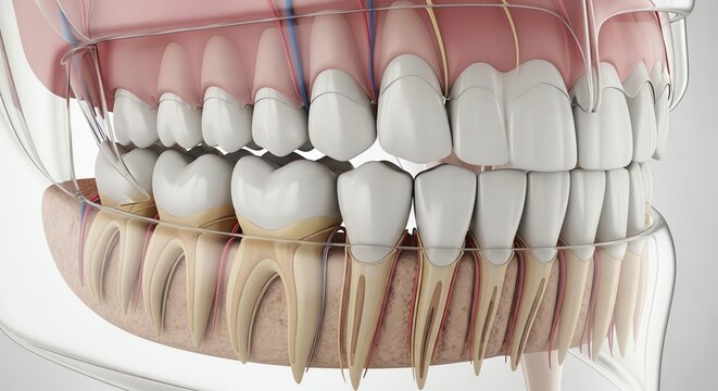 Detailed Dental Model Showing Upper and Lower Teeth Alignment and Oral Structure.