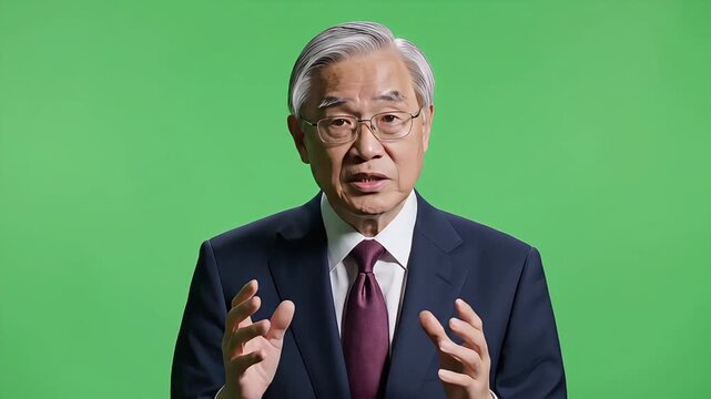 Senior Asian Male News Reporter Speaking on Green Screen Background