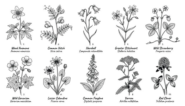 Collection of vintage botanical illustrations of ten different wild flowers and plants, vector art transparent background.