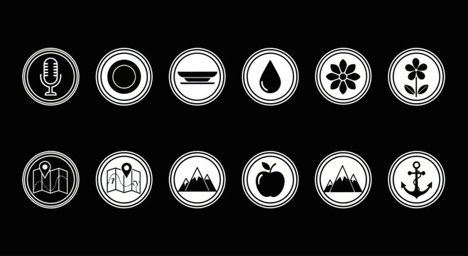 Set of 12 Circular Icons with White Line Art on Black Background