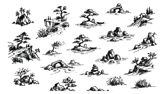 Japanese garden elements rocks and bonsai trees on transparent background vector art.