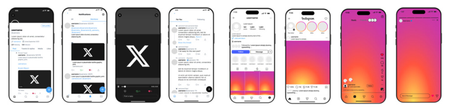 Instagram & X (Twitter) Template App Screens on Apple iPhone Mockup Set. Realistic Social Media Interface on Smartphone: Profile, Post, Message, Shop, Stories & Icons Set. Editable Text and Blank Fram