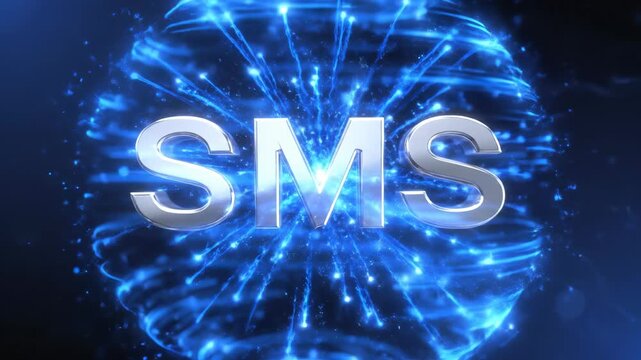 Short Message Service technology concept, global digital data transmission network, modern electronic communication medium, glowing metallic text over abstract blue backdrop