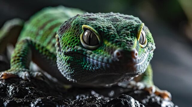 Vibrant Green Gecko Blinking Its Eye in Detailed Macro Close-Up on Dark Background