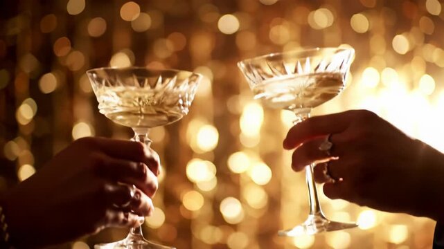 Elegantly dressed hands clink crystal champagne flutes with sparkling golden liquid, luxurious soft focus golden bokeh background with lens flares. Celebration of success
