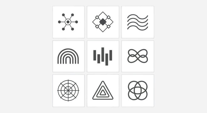 Set of abstract geometric icons and symbols, minimalist design, graphic elements
