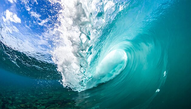Ocean wave crashing underwater blue sea.