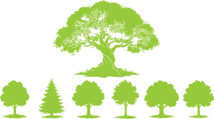 Set of vibrant green tree silhouettes including a large detailed oak and various forest species for environmental design and landscaping © Mehedi