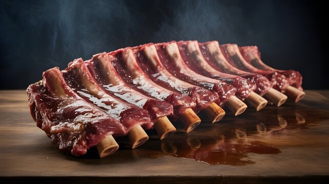 A highly detailed premium beef chuck cut displayed on a wooden table with a dark background