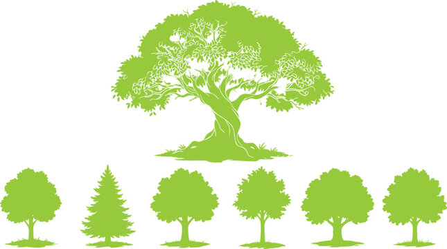 Set of vibrant green tree silhouettes including a large detailed oak and various forest species for environmental design and landscaping
