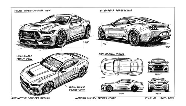 Automotive concept design sketches of modern luxury sports coupe from multiple views, vector transparent.
