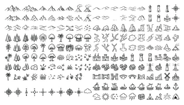 Vector elements for game maps and fantasy worlds, mountains, trees, castles, boats, transparent set.