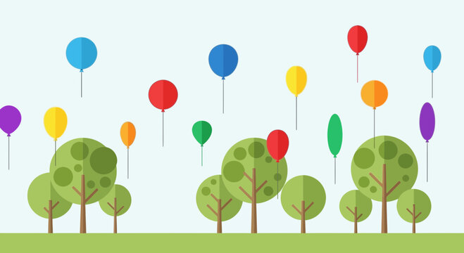 Colorful Balloons Floating Above Green Trees in a Park - Flat Design