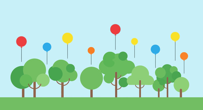 Whimsical forest of colorful balloons and flat design trees