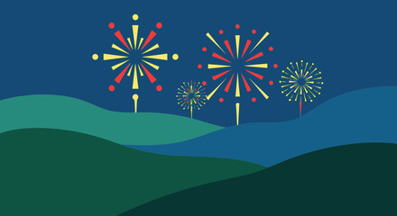 Colorful Fireworks Display Over Rolling Hills at Night © DSetiya