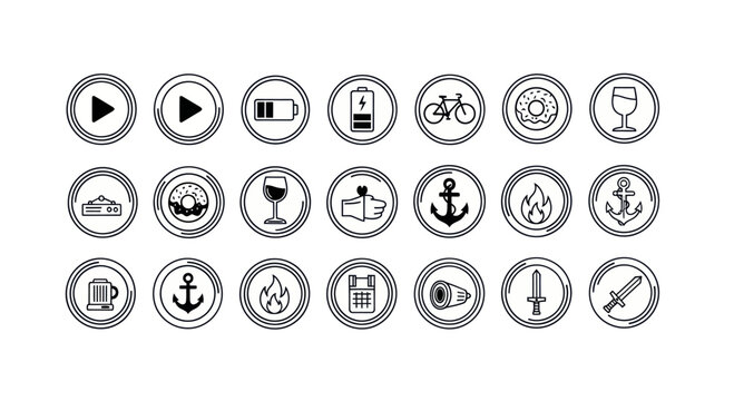Set of Circular Icons: Play, Battery, Bike, Donut, Wine, Anchor, Fire, Ship, Burger, Sword