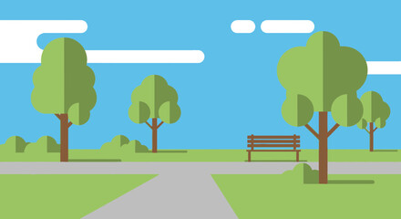 Fototapeta premium Flat design park scene with trees, bench, and pathways under a blue sky.