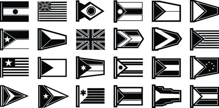 Collection of Various National and Maritime Flags Black and White Icons Set