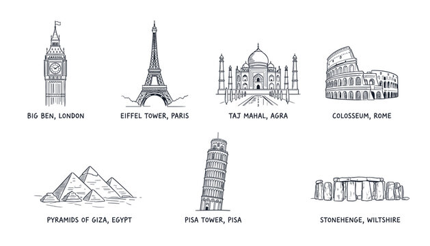 Famous world landmarks sketch vector collection isolated on transparent background, travel icon illustration.
