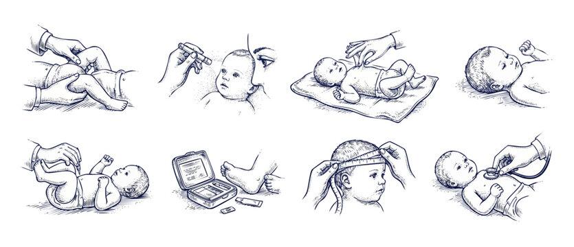 Baby Medical Examination Icons Set, Pediatrician Checkup Procedures for Newborn Health, Doctor Hands Assessing Infant Vital Signs, Vector Illustration in Vintage Engraving Style for Healthcare Clinic