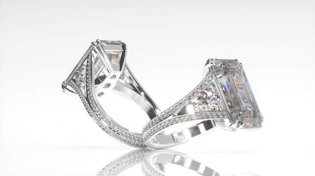 Rotation of white gold ring with large emerald cut diamond and round brilliant diamonds. 3d animation on white background loop
