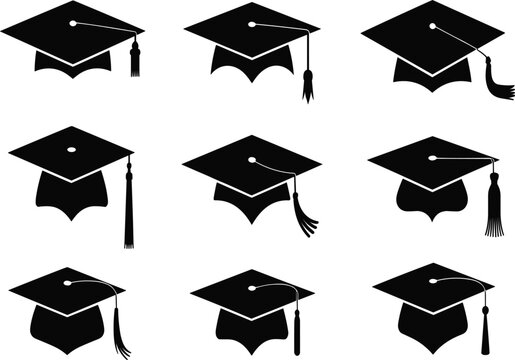 Graduation cap silhouette icon set, black academic mortarboard hats with tassels for university student degree and ceremony celebration