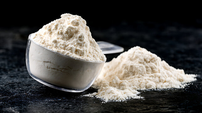 Creatine monohydrate powder sits in a scoop placed beside a mound of powder on a dark surface. The focus shows the fine texture and white color of the supplement.