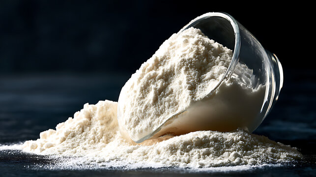 Creatine monohydrate powder in a clear scoop on a black surface, with a mound of powder lying nearby. Creatine monohydrate powder in a scoop next to a mound of powder on a dark surface. The photo show
