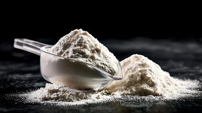 Creatine monohydrate powder in a clear scoop on a black surface, with a pile of powder lying nearby.